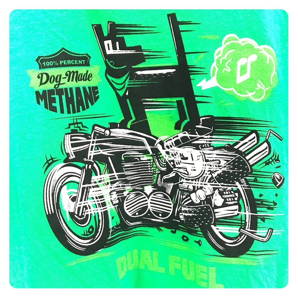 Dog on motorcycle Vintage Y2K Dog Made Methane tee from Mamro Australia!